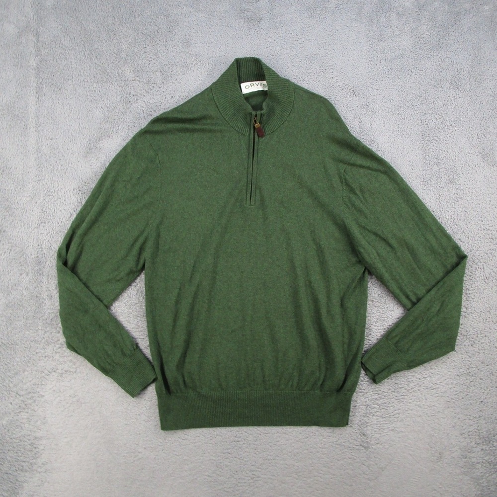 Orvis Sweater Mens Large Green Cotton Silk Cashmere Quarter Zip Pullover